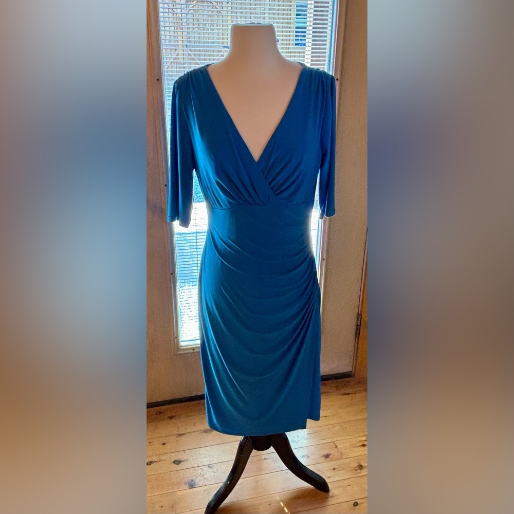 Lauren Ralph Lauren Faux Wrap Sheath Midi Blue Dress Ruched Waist Sz 10 Office